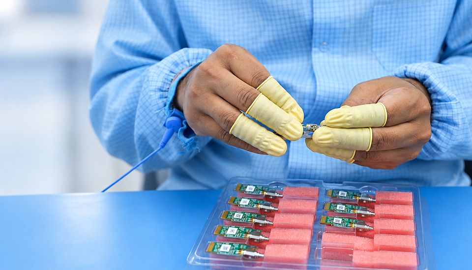 Gloved hands assembling a Syrotech optical module
