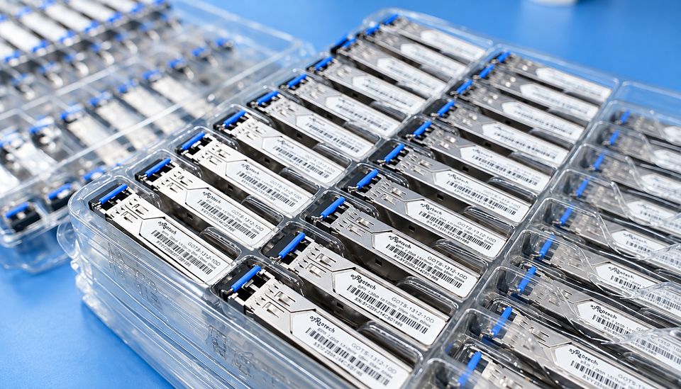 Finished Syrotech SFP transceivers in clear trays