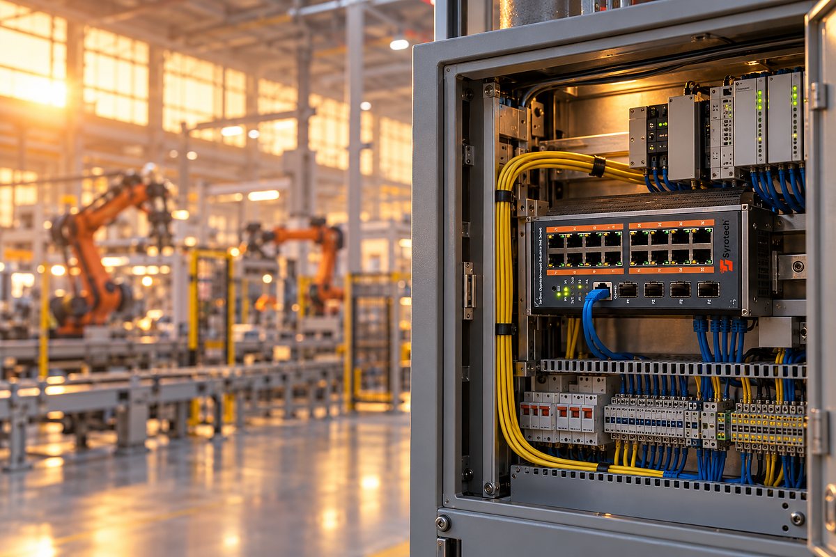 Syrotech SY-1600P-4S-IND industrial PoE switch in a control cabinet on a modern factory floor