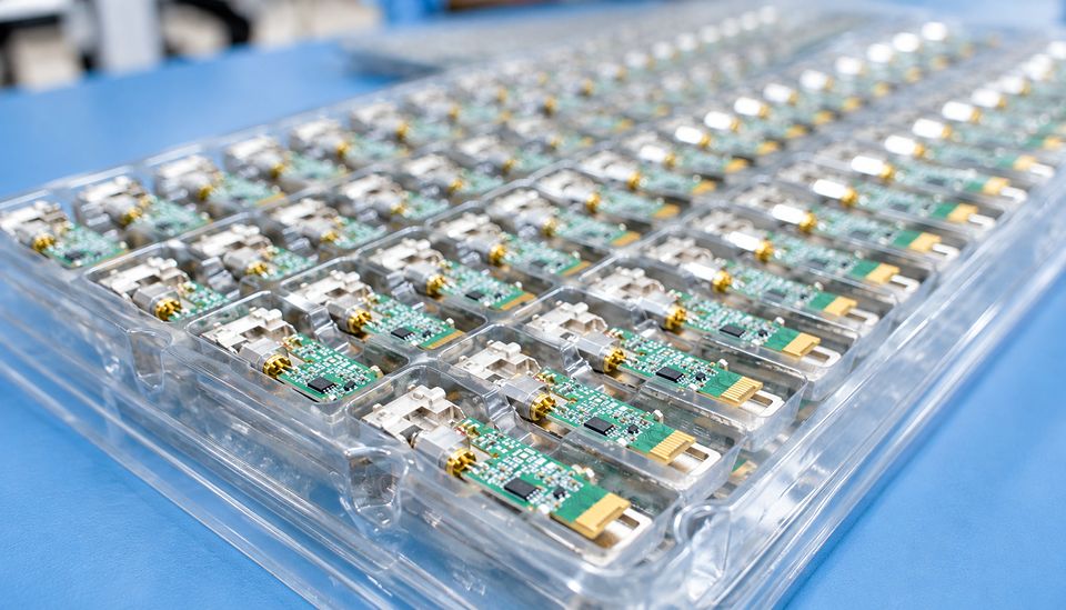 Rows of Syrotech transceiver circuit boards in a clear tray