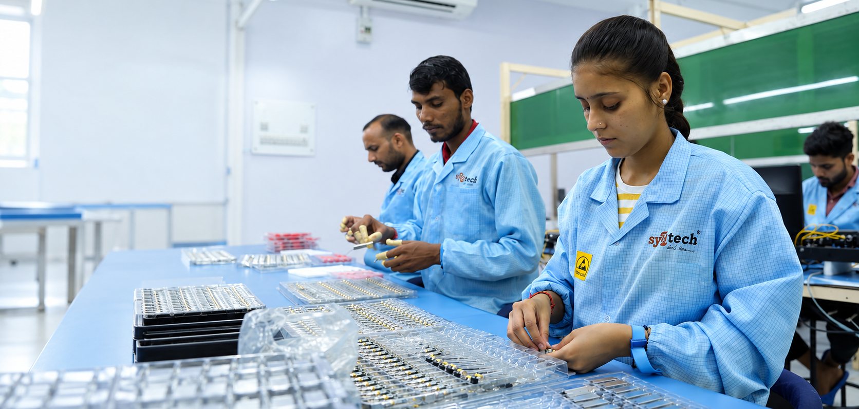 Syrotech technicians assembling optical modules in the company's own facility